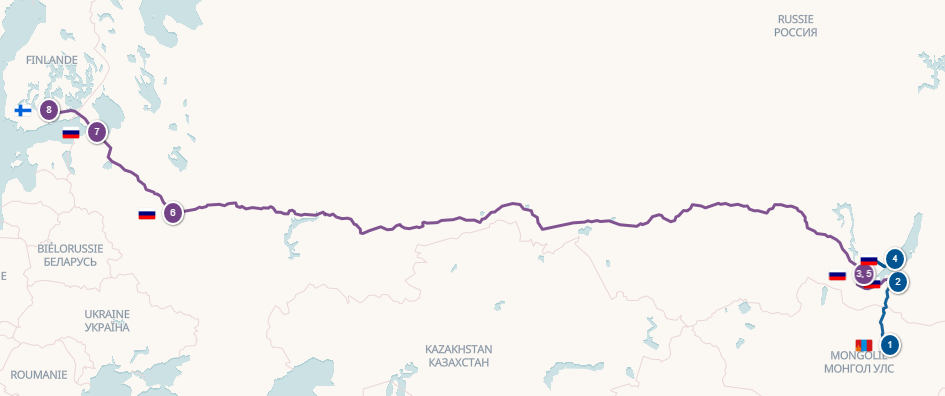 Carte de l'itinéraire en Russie de Morgane et Toni